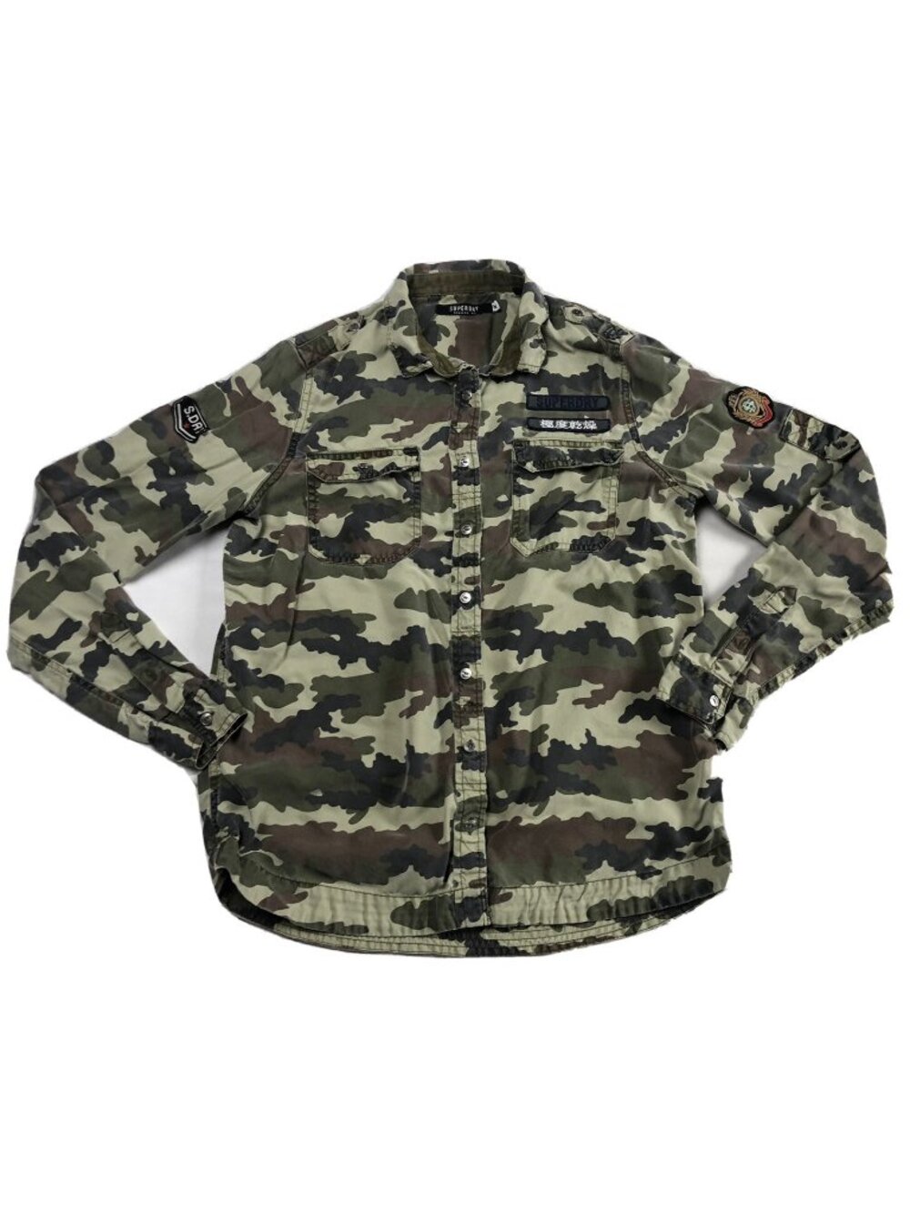 Superdry Military Camouflage Button Down Shirt Embroidered Patch Size M